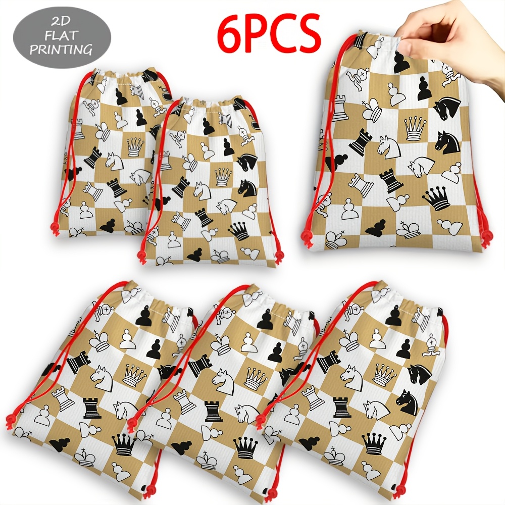 TEMU 6pcs Bulk Large Chess-themed Gift Bags Suitable For Parties, Corporate Events, Bulk Packaging With Drawstring Closure & Chess Piece ( Drawstring