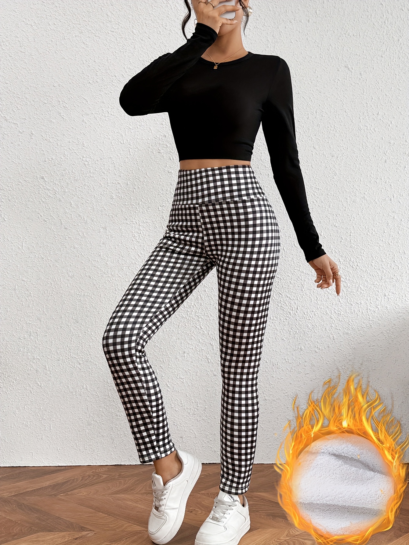 women s high-waisted thermal leggings - -over checkered print tummy control pants with white/black/grey/beige   pattern, full-length  , machine washable tight-fitting leggins for casual & formal wear, warm leggings for women winter, winter warm leggings for women, warm winter leggings for women, thermal leggings for women winter, warmer leggings for women, warm trousers for women, warmer pants for women, thermal trousers for women, thick winter leggings Product details 2
