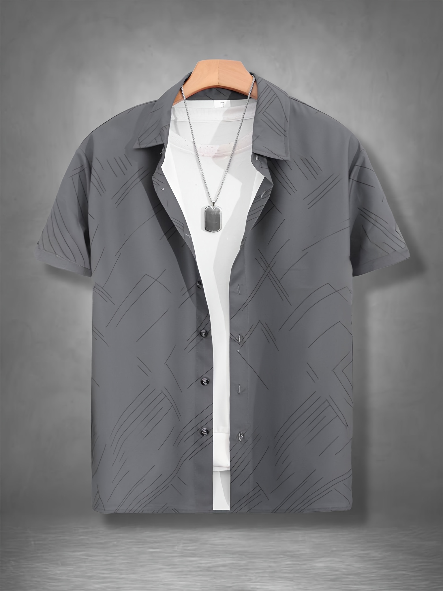 ανδρικό πουκάμισο με γεωμετρικό σχέδιο για επαγγελματική περιστασιακή φορεσιά - λευκό με μαύρο γεωμετρικό μοτίβο, πολυεστέρας, πλενόμενο στο πλυντήριο, κλασικός γιακάς, επαγγελματική περιστασιακή φορεσιά | κομψά κοντά μανίκια | μη ελαστικό υλικό,   Στοιχεία είδους 1