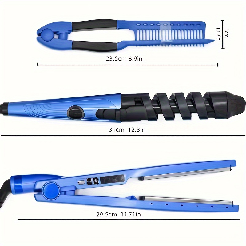 3pcs Blue Hairdressing Tools Set, Hair Straightener Flat Iron, Curling Iron, V Shaped Hair Comb, Multifunctional Hair Styling Tools For Barber Salon Home Use details 0