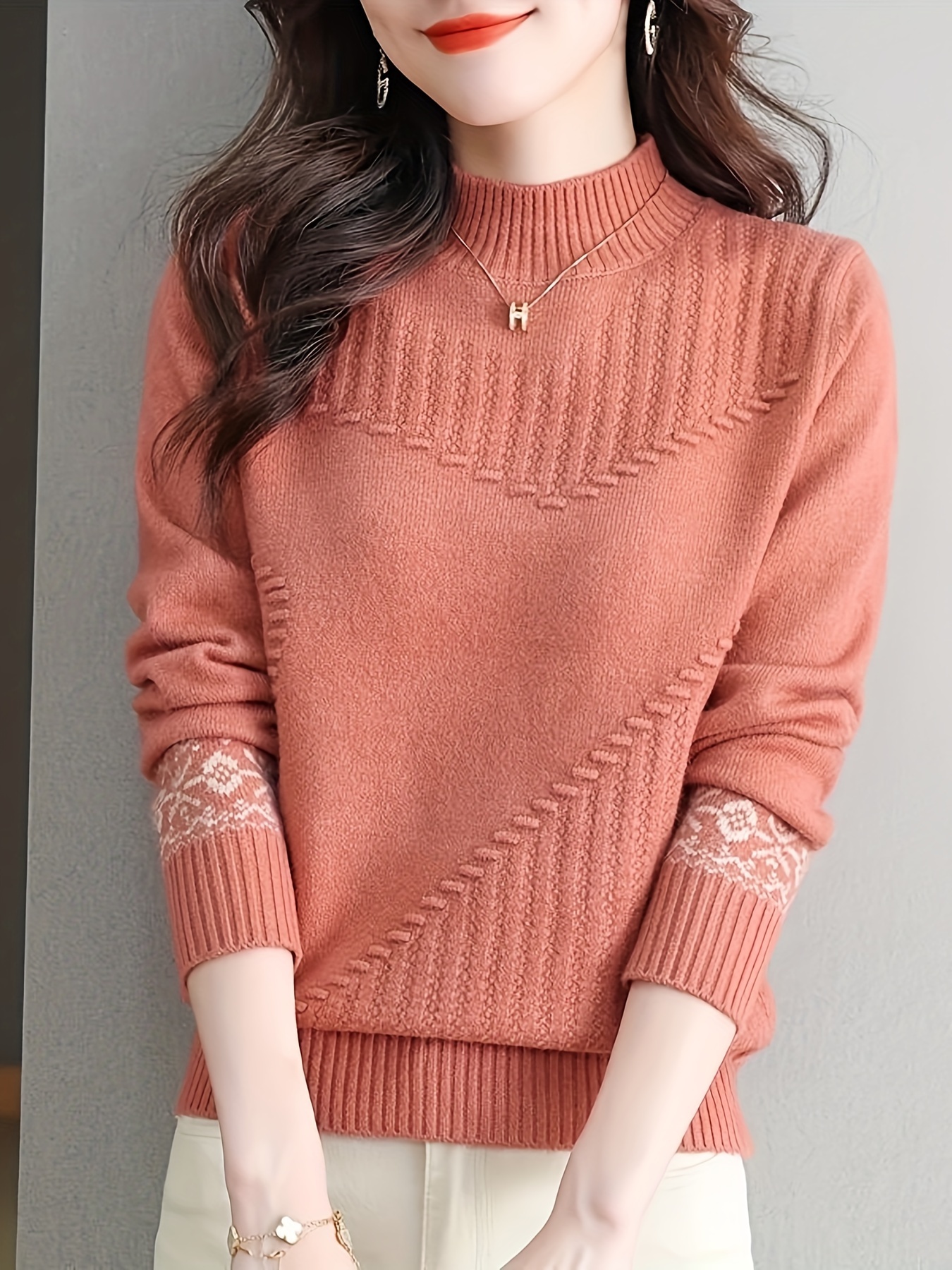 women's half turtleneck ribbed sweater peach solid color Temu Greece