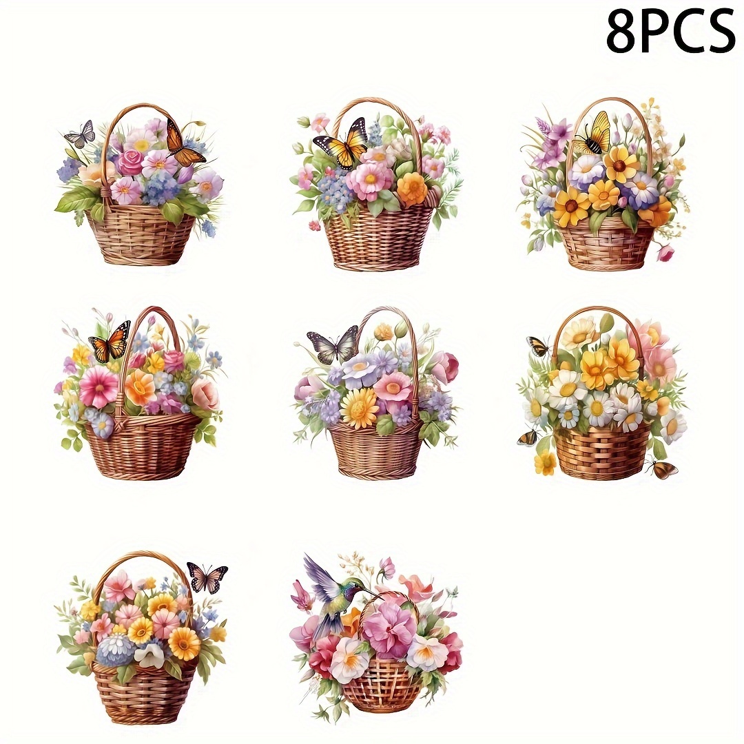 

8pcs Cute Spring Basket Uv Dtf Cup Stickers, Waterproof Sticker Pack For Decorating Mugs, Cups, Bottles, School Supplies, Etc, Arts Crafts, Diy Art Supplies