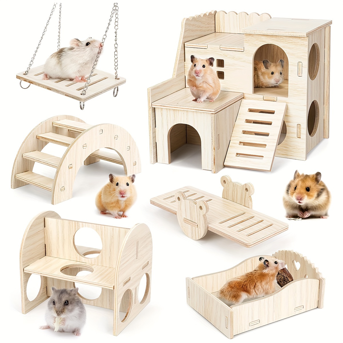 

6pcs Diy Wooden Hamster Toys, Hamster Hideout, House, Hamster, Chew Toy, Hamster Accessories, Race Running Mouse, Hamster