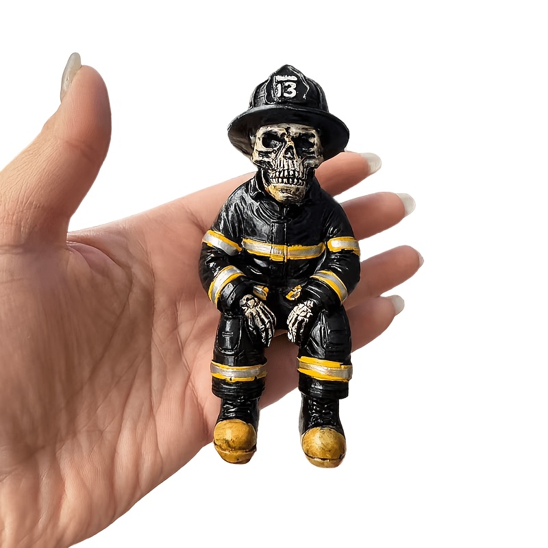 TEMU Sitting Skeleton Firefighter Resin Figurine, Halloween Spooky Dark Statue, Trendy Niche Home Decor Ornament For Bookshelf Bar Desktop,