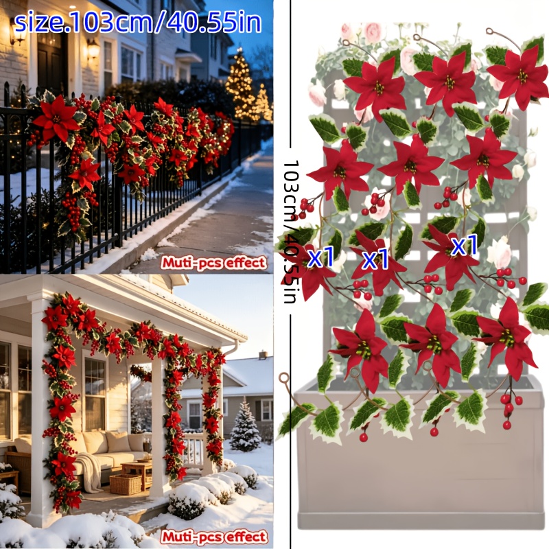 TEMU 3pcs Set Of Exquisite Artificial Poinsettia Garlands, Christmas Floral Vines, Living Room Flower Trees, European-style High-end Artificial