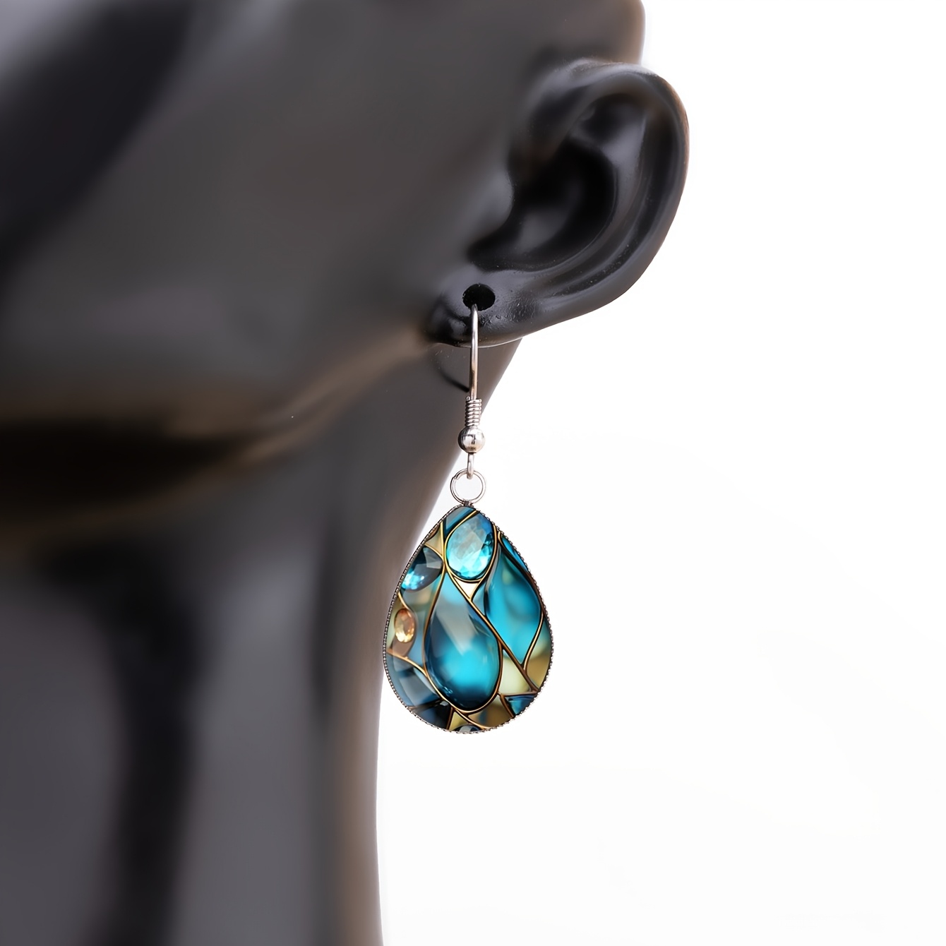 Women's Blue & Golden Glazed Gemstone Pattern Drop Earrings, Vintage Style