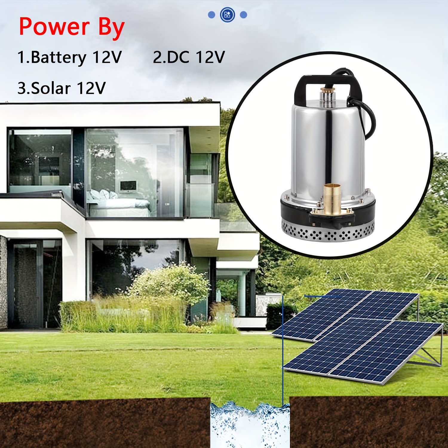 solar water pump with stainless filter port dc 12v deep well pump stainless steel cover 3000l h 1 outlet high lift 8m for plants water suply backyard home lawn garden farm irrigation details 1