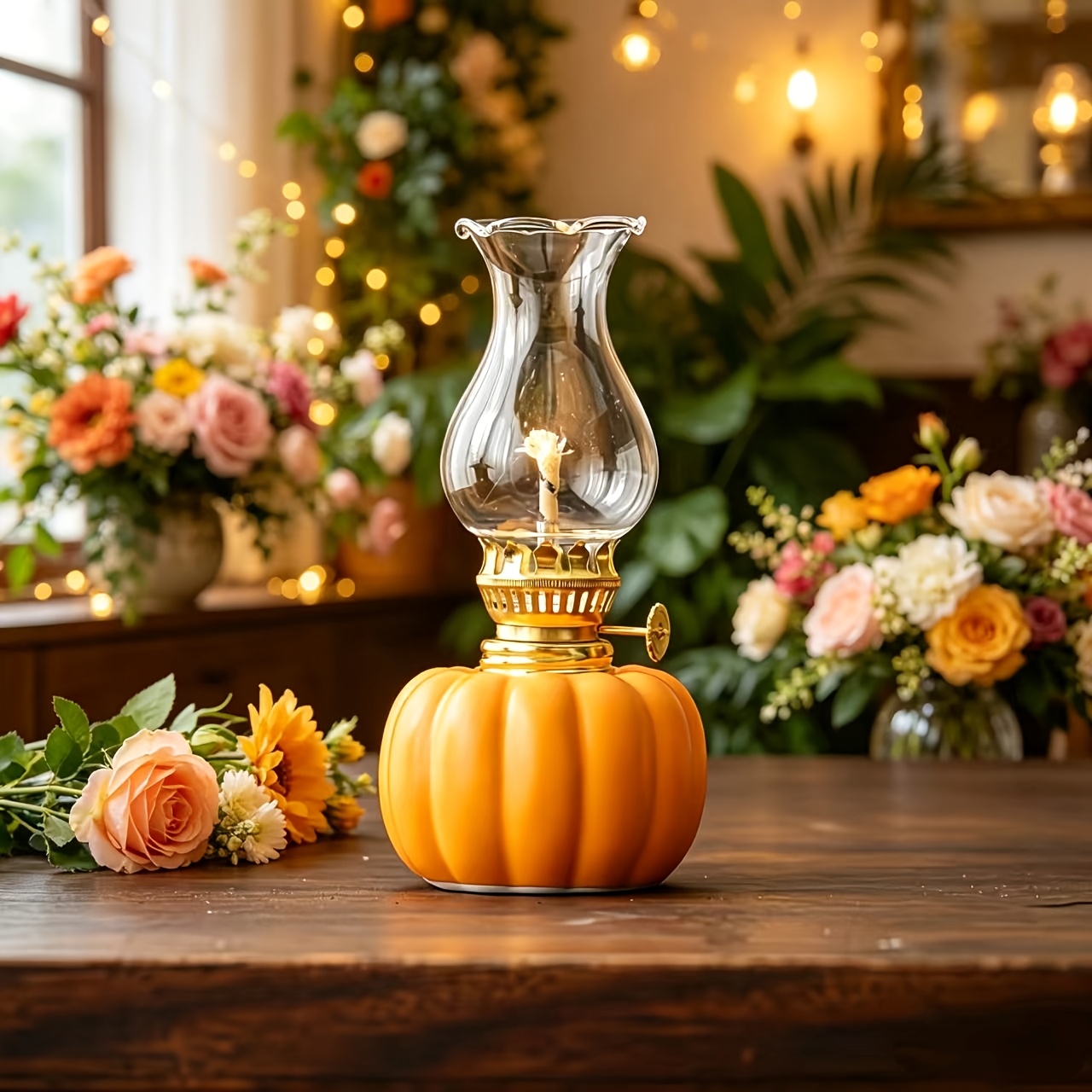 TEMU 1pc Vintage Glass Pumpkin Candle Holder & Oil Lamp - Windproof Tabletop Suitable For Home Decor, Outdoor Lighting, Fall/ Decoration, Glass Cup