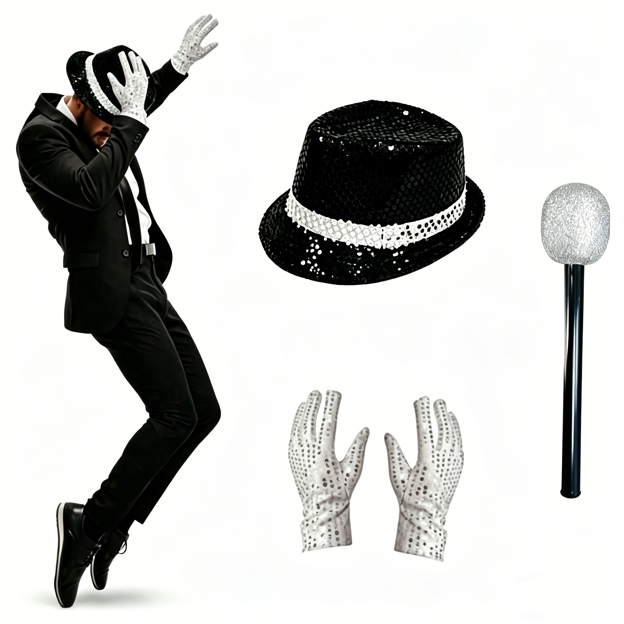 TEMU Ensemble de 4 pièces de costume de fête à thème, inclut chapeau à paillettes + gants à strass + accessoire microphone, accessoires de cosplay