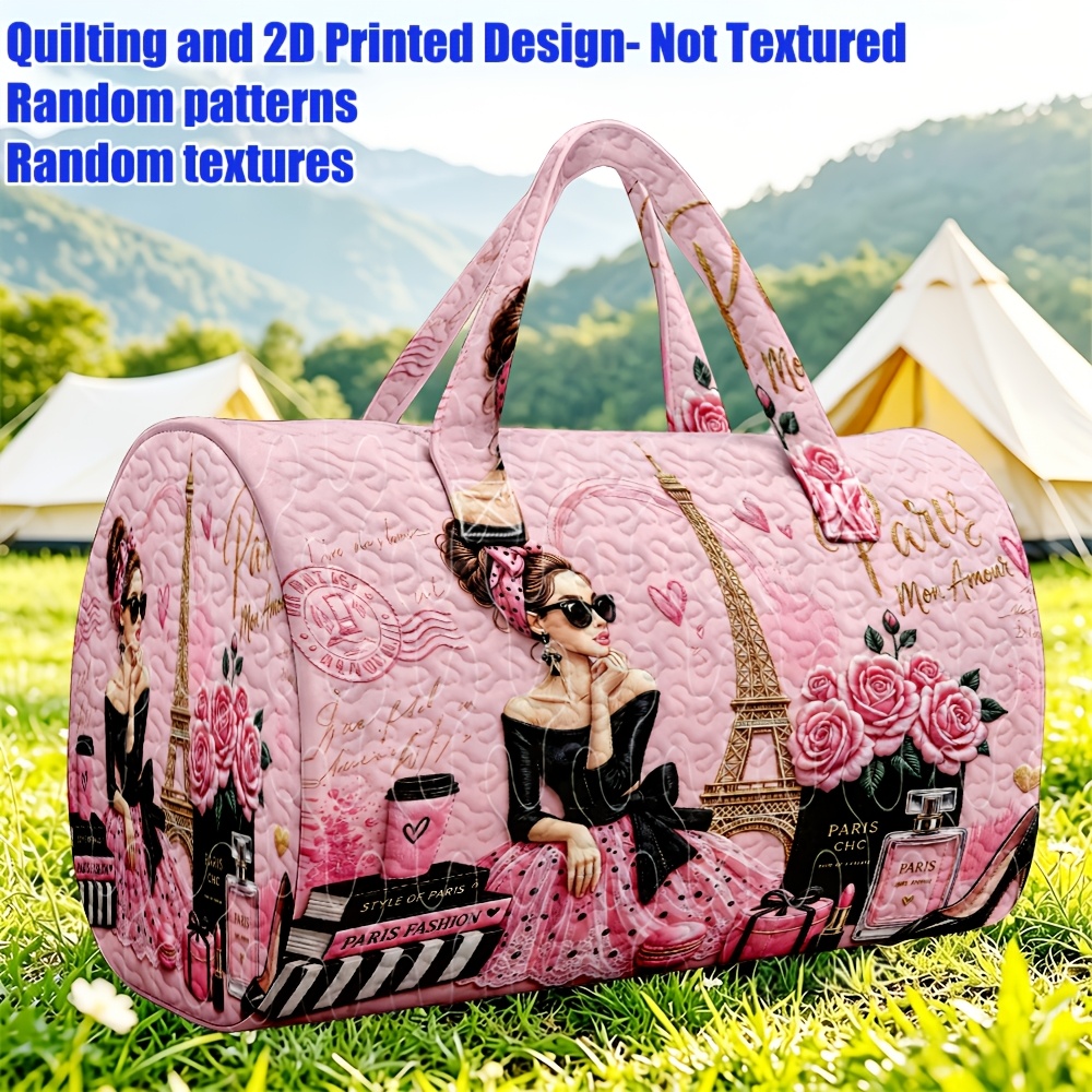 TEMU [printed Design - Not Textured] 1pc 2d Printed Women's Handbag, Tower Pink Rose Theme Romantic Printed Large Capacity Travel Tote, Suitable For