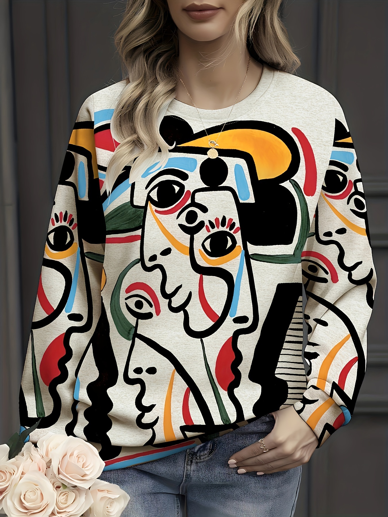 womens abstract color block   faces graphic print round neck sweatshirt casual long sleeve pullover with medium   washable   top cute sweatshirts everyday    