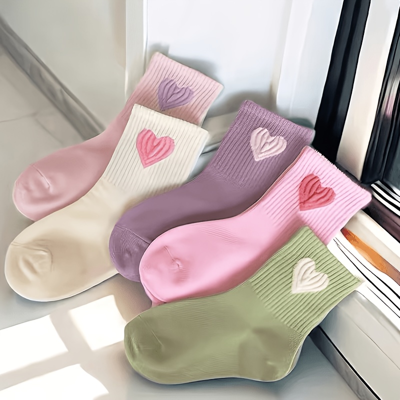 TEMU 5 Pairs Solid Color Heart Mid-calf Socks - - Comfortable Athletic Casual Wear, Soft Socks Suitable For, , Sports, Everyday Use, & Versatile For
