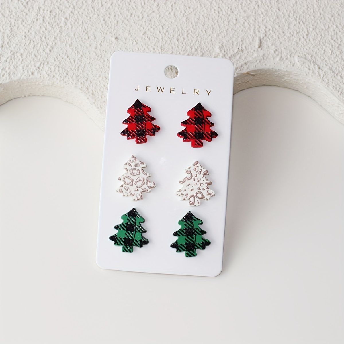 TEMU Christmas 3 Pairs On 1 Card, Red, White, And Leopard Print Acrylic Earrings For Women, Made Of Clay Material, Cute, Vintage, Easy, And Versatile