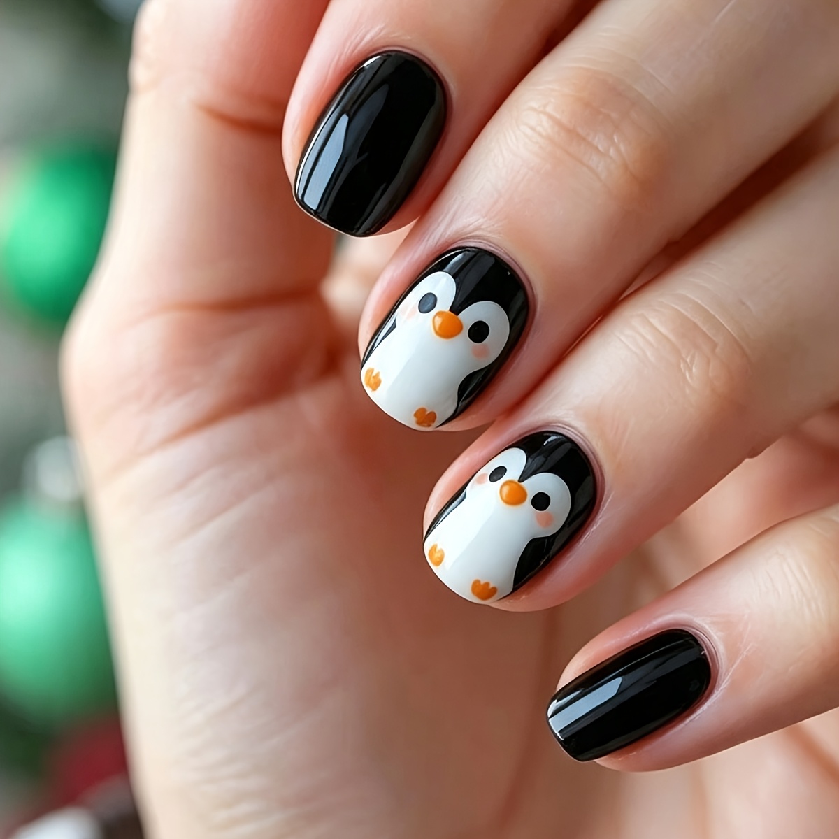 TEMU Christmas Short 24pcs Glossy Effect Penguin Pattern Fake Nails Black Nail Stickers Convenient Removable Reusable Solid Color Wearable Nails Nail
