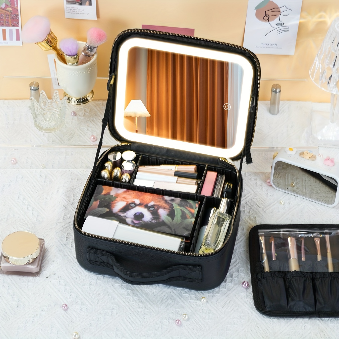 

Makeup Bag With Mirror And Light Travel Makeup Cosmetic Bag Organizer Portable Storage Bag