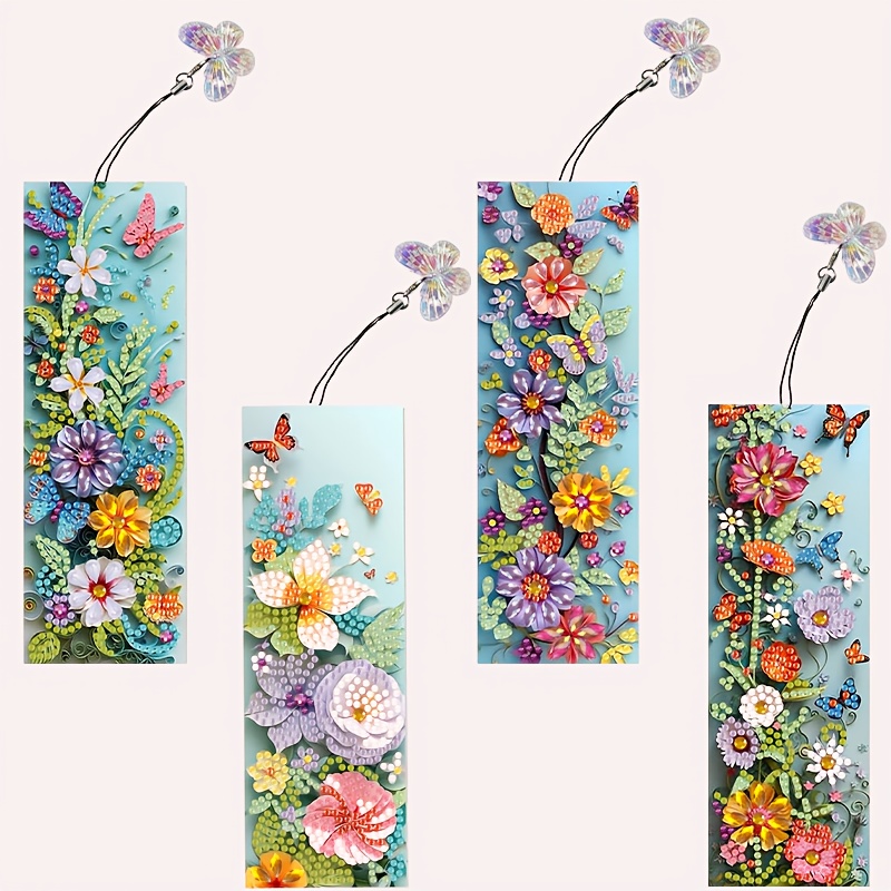 TEMU 4pcs Diy Diamond Painting Bookmark Set, Including Flowers And Butterflies - Reader Handicraft Materials