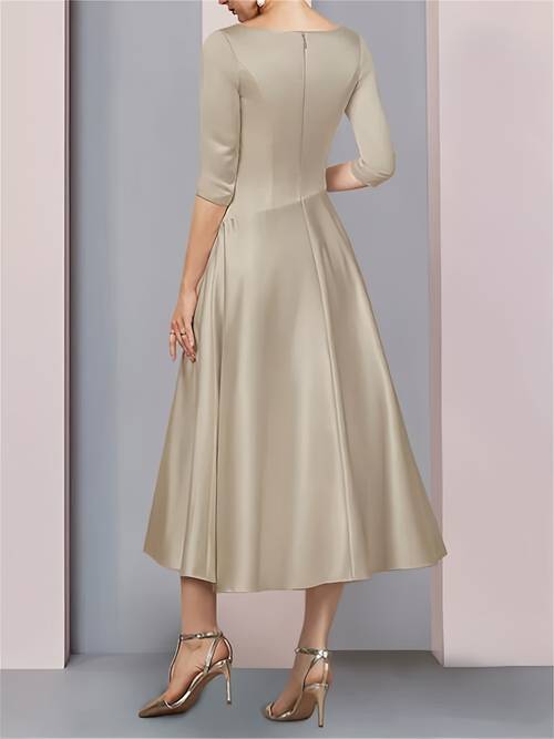 a line mother of the bride dress elegant 3 4 sleeve satin wedding guest dress with v neck pleated tea length skirt formal party attire for women built in bra