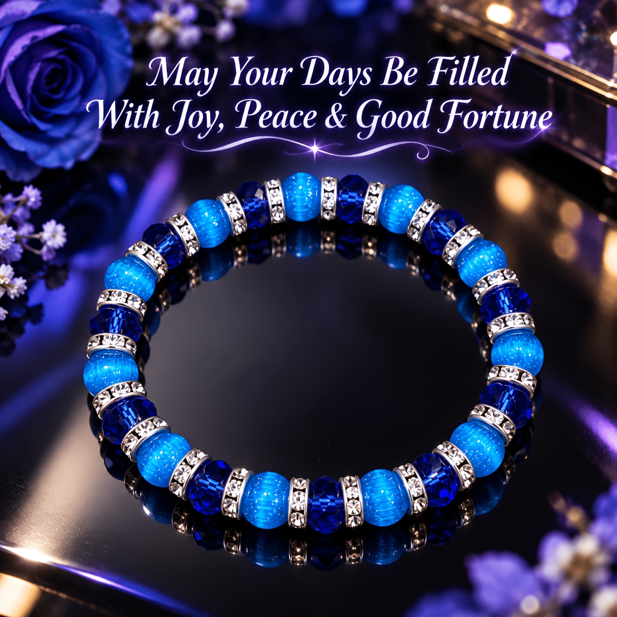 TEMU Blue Stretch Bracelet For Women, And Translucent With Full-drill Silvery Spacer Beads, Light Luxury High-end Bracelet, Versatile Accessory For
