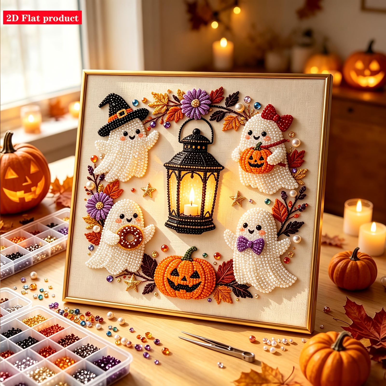 TEMU Halloween Quatre Petits Lanternes Citrouille Peinture Diamant Perle Fait Main Décoration Intérieure Automne Peinture Cadeau de Fête d'Halloween