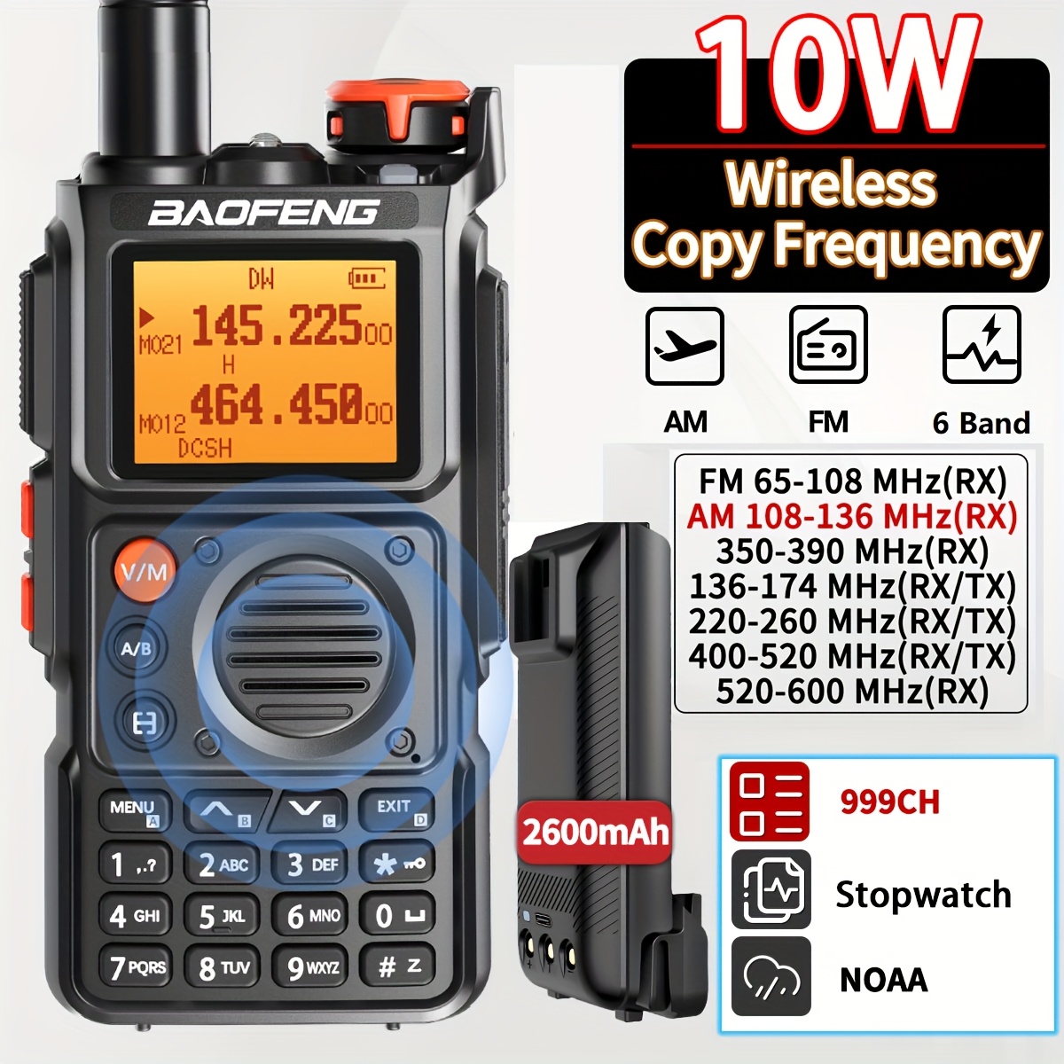   uv k6 rechargeable two way radio with 999 memory channels 6 band uhf vhf   5w high power output 6   8mhz rx 108 136mhz tx 174 390mhz rx 136 174mhz tx 520 600mhz rx battery type c charging stopwatch   weather alerts 2   included 2 antenna options emergency communication   design durable construction 0