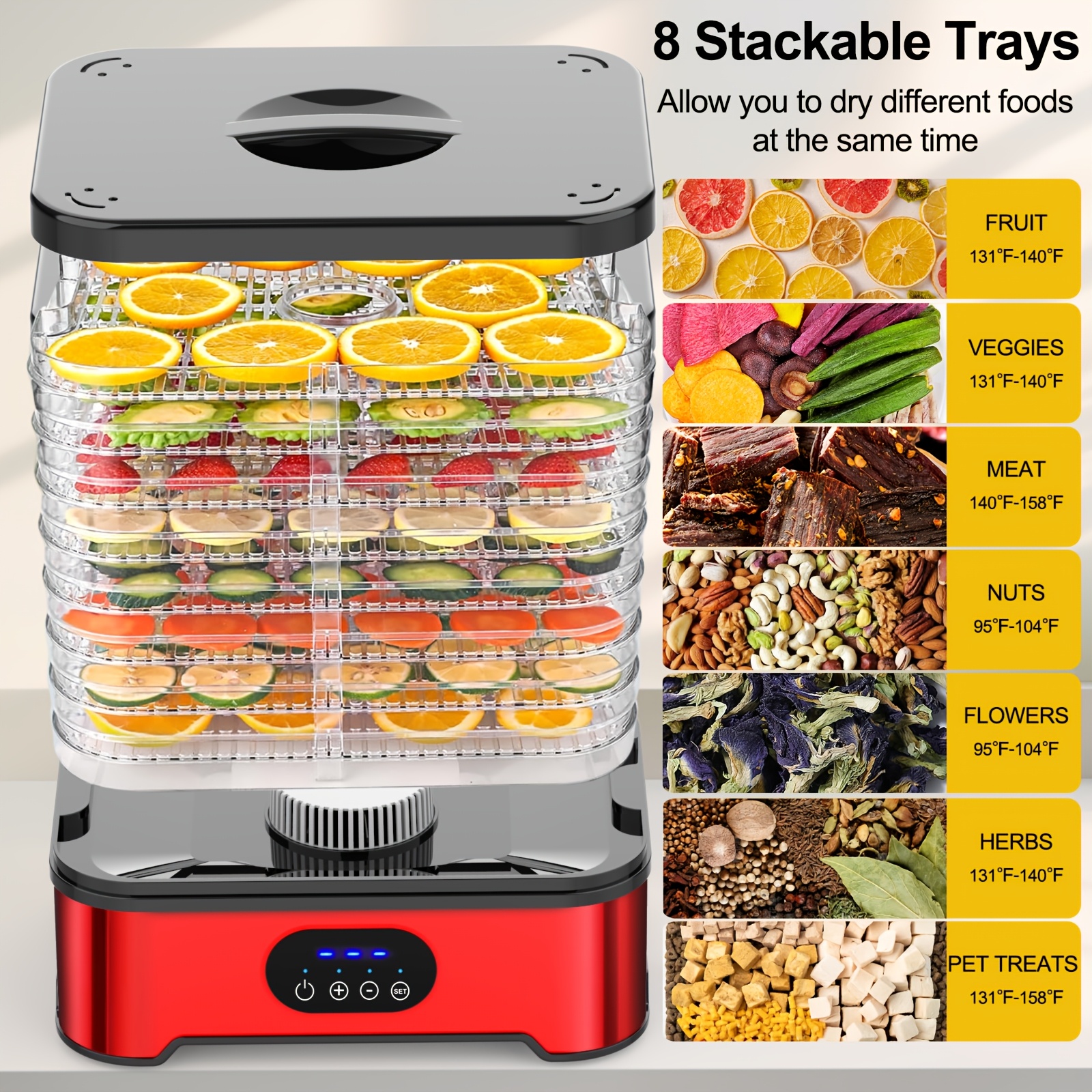 uk food dehydrator   with 5 trays food dryer for jerky fruits herbs vegetables   etc electric food preserver with 1 72 hour timer temperature control fan   temperature display stainless steel material Product details 7