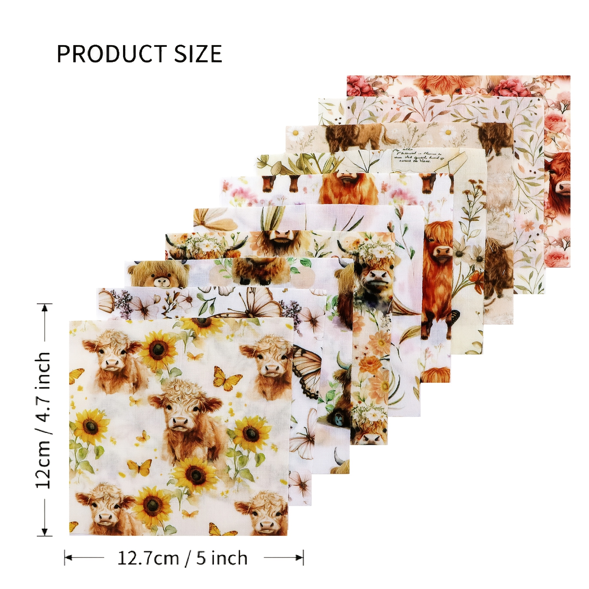 TEMU 10pcs/set Flower Highland Cow Series Fat Quarter Fabric, Pre-cut Square Fabric , Fabric Set, Craft Fabric, Handmade Diy Fabric,home Quilting
