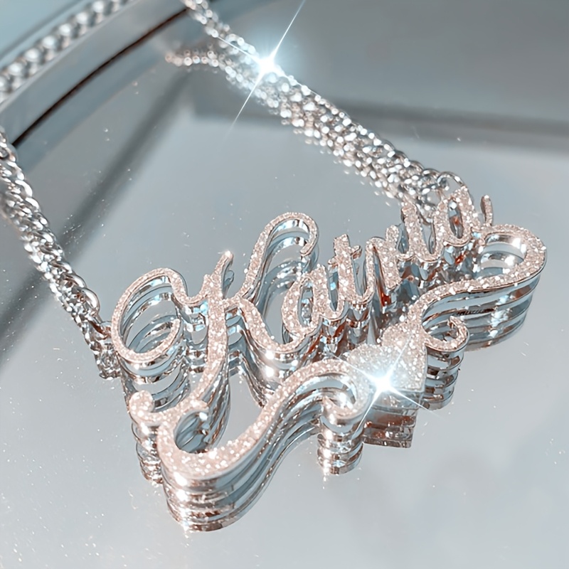 TEMU Custom Double Layer Name Necklace 316l 316l Stainless Steel Cuban Chain Double Nameplate Heart Pendant Fashionable And Gorgeous Men's Jewelry