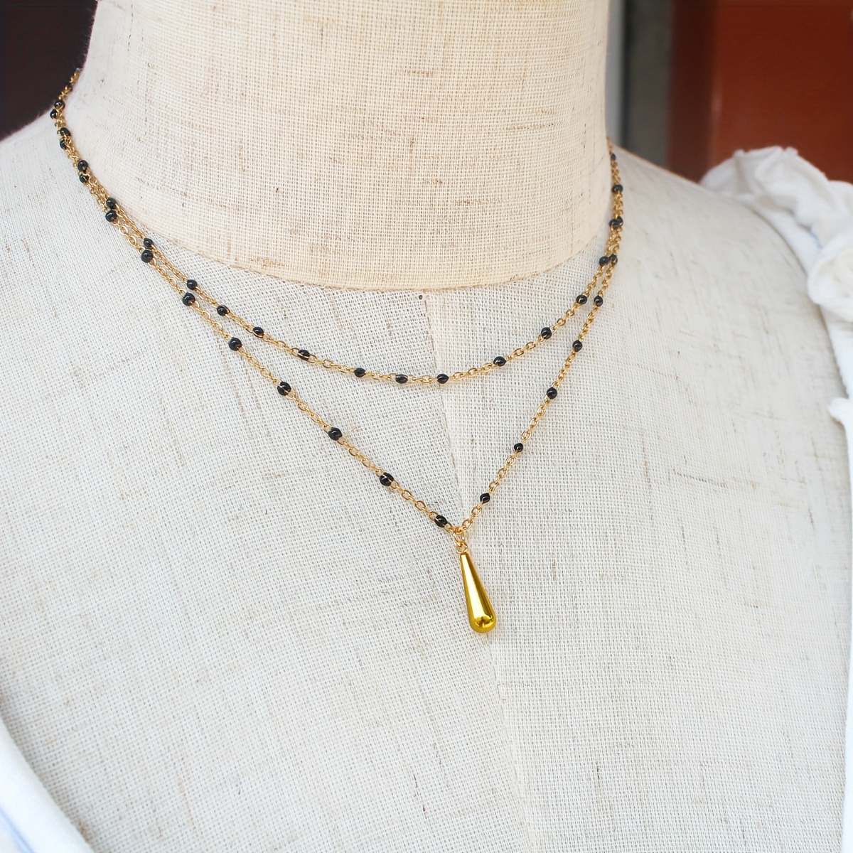 E-shop Vintage Cleopatra Wassertropfen-Anhänger 2-lagige Halsketten für Frauen, Emailleperlen Ketten aus 18K vergoldetem Edelstahl, nicht anlaufend und