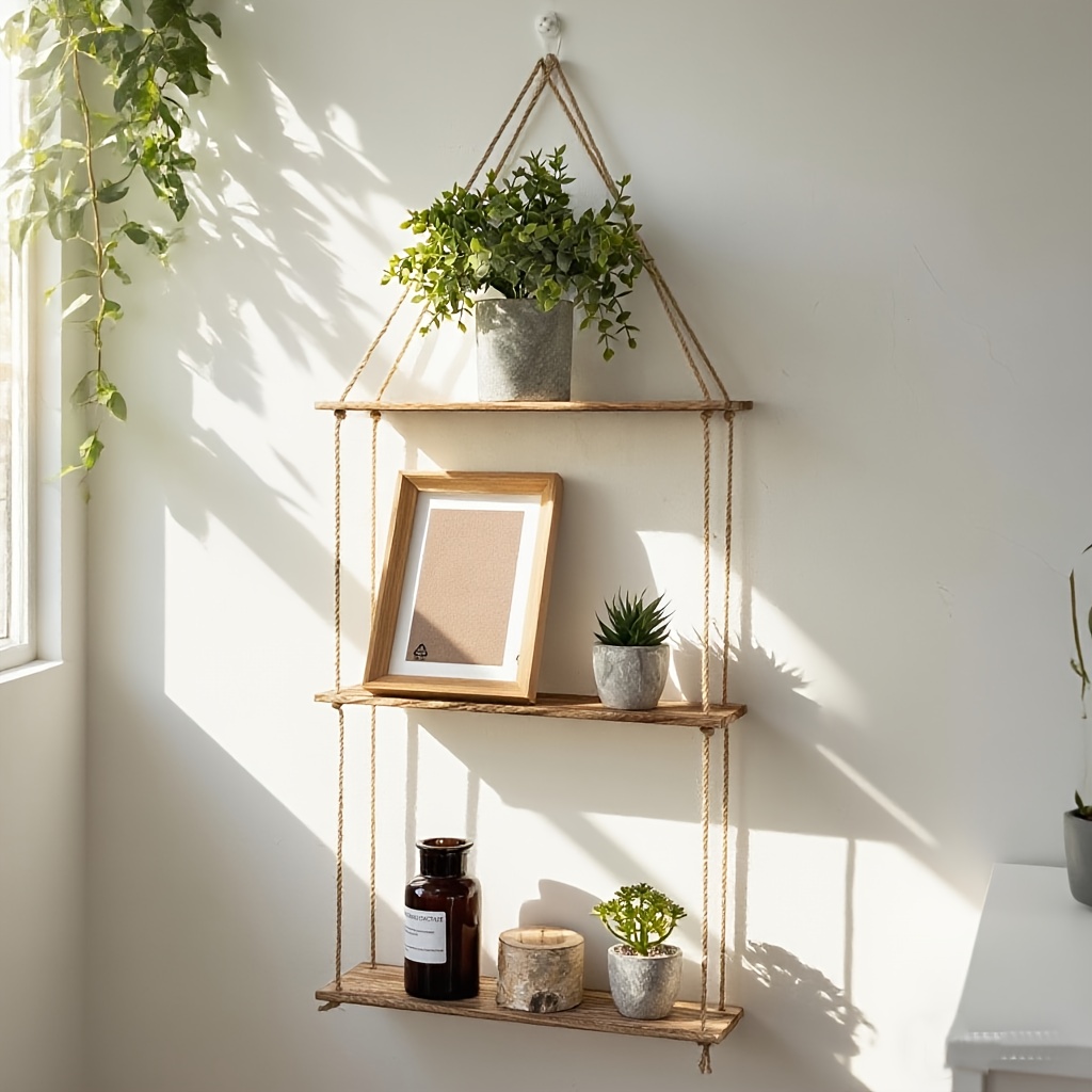 E-shop 3-stöckiges Bohemian Hängeregal, Naturholzfarbenes rustikales Holzregal, zur Aufbewahrung von Fotos und Pflanzen, Hängeregal, für Badezimmer,