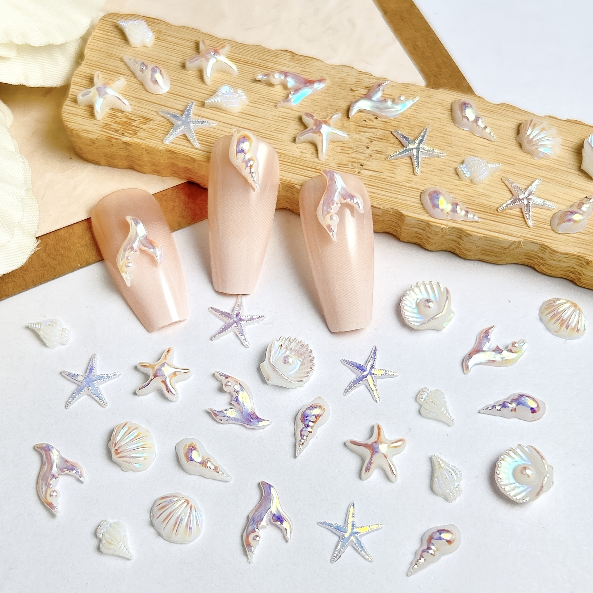 30pcs Random Mixed Abs Aurora Mermaid Nail Additions Set, Including 3d Nail Art Additions Like Starfish, Seashells, And , Suitable For Manicure Crafts And Jewelry Making