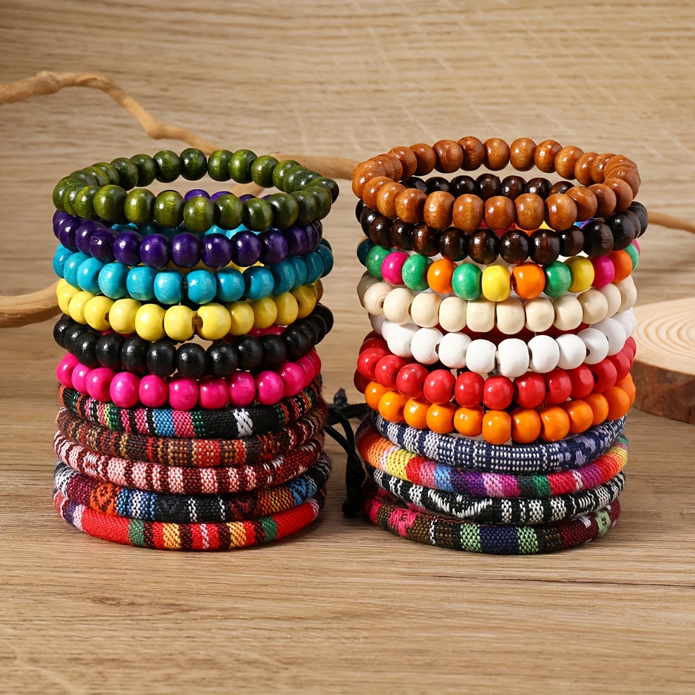 

22pcs Vintage Bohemian Style Colorful Wooden Beaded Braided Bracelet Set, Fashion Stacking Bracelet Set, Jewelry Hand Accessory.