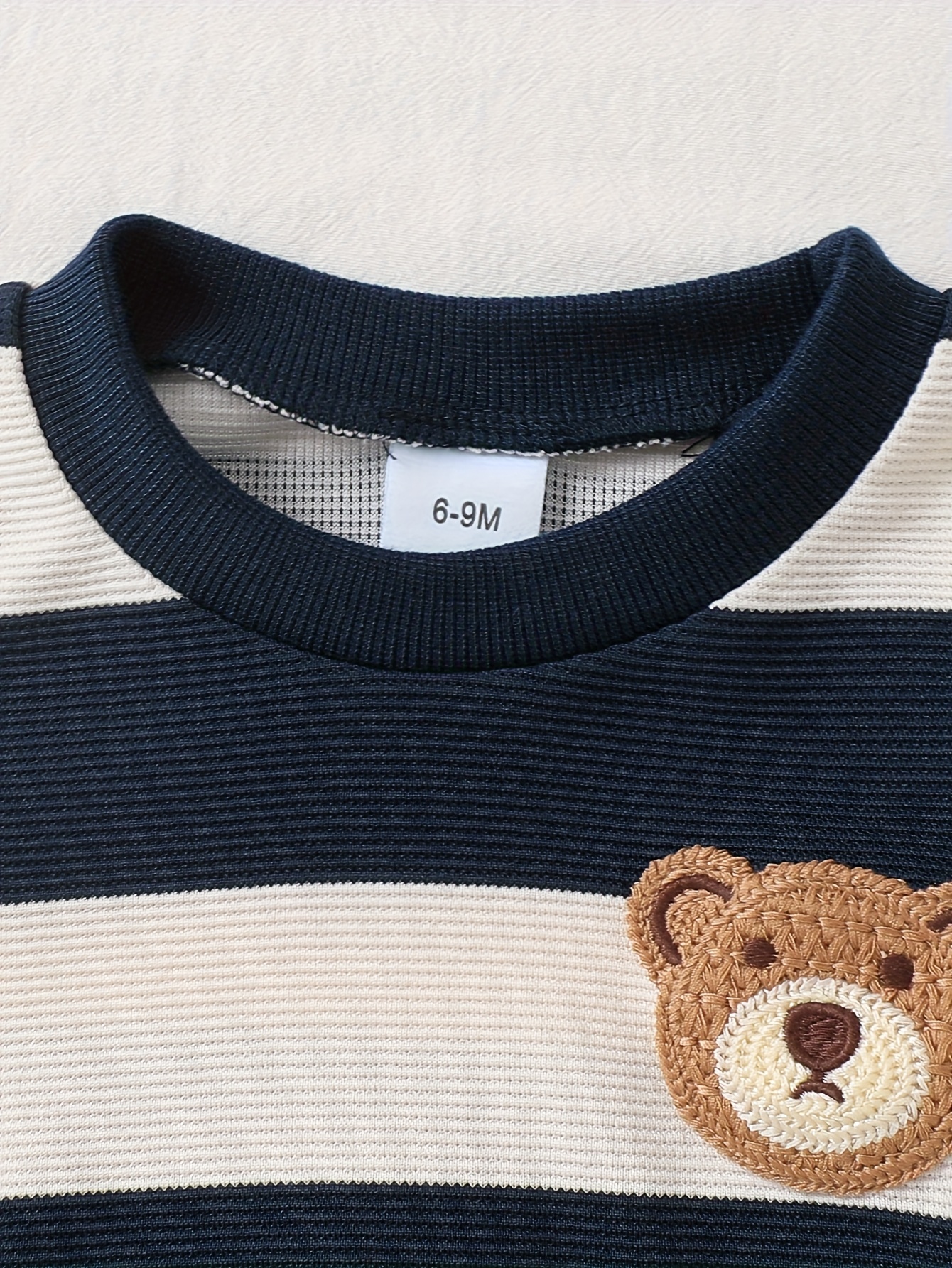 2pcs denim set with striped long sleeves cute 3d bear patch for adorable charm warm and comfortable soft light beige friendly fabric elastic waistband for easy on off   outdoor Product details 16