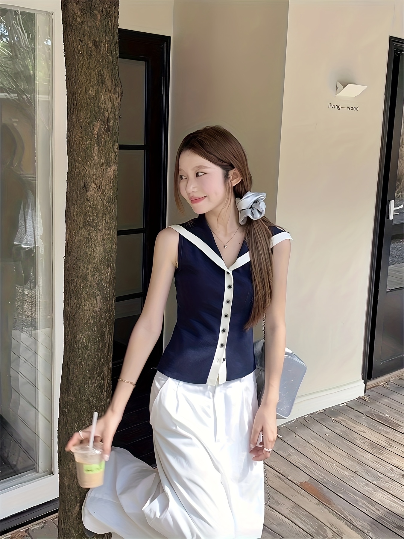 womens navy contrast collar sleeveless casual Temu Mauritius