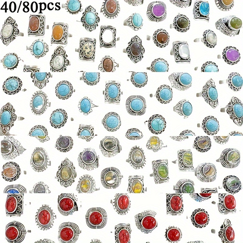 

40/80pcs Bohemian Vintage Ring Inlaid Turquoise Agate Natural Stone, Mixed Men's Women's Retro Open Adjustable Cool Rings, Fashion Party Jewelry, Ideal Choice For Gifts