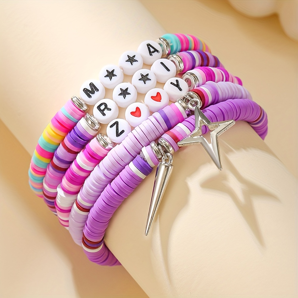 TEMU 5pcs Set Demon Layered Polymer Clay Bracelets | Glitter Style, Ideal For Party And Music Festival, Perfect Gift For Fans