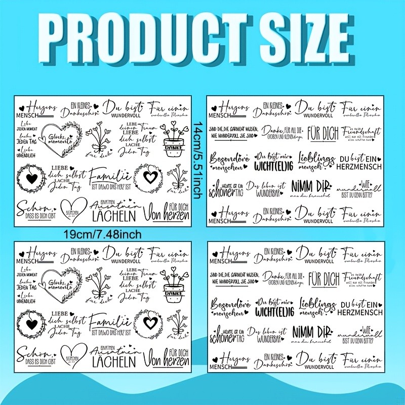E-shop 4 Stück Deutsches Familien-Transferpapier für DIY-Bastelarbeiten, Vinyl mit Herzen, Kränzen, Blättern & Lächelnden Gesichtern –