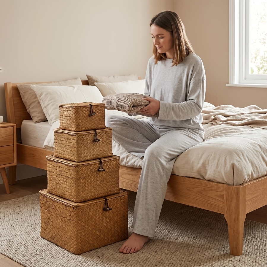 TEMU Lidded Storage Box Storage Basket Decorative Storage Box With Lid Square Storage Bin Woven Storage Basket Suitable For Shelves Closet Bedroom