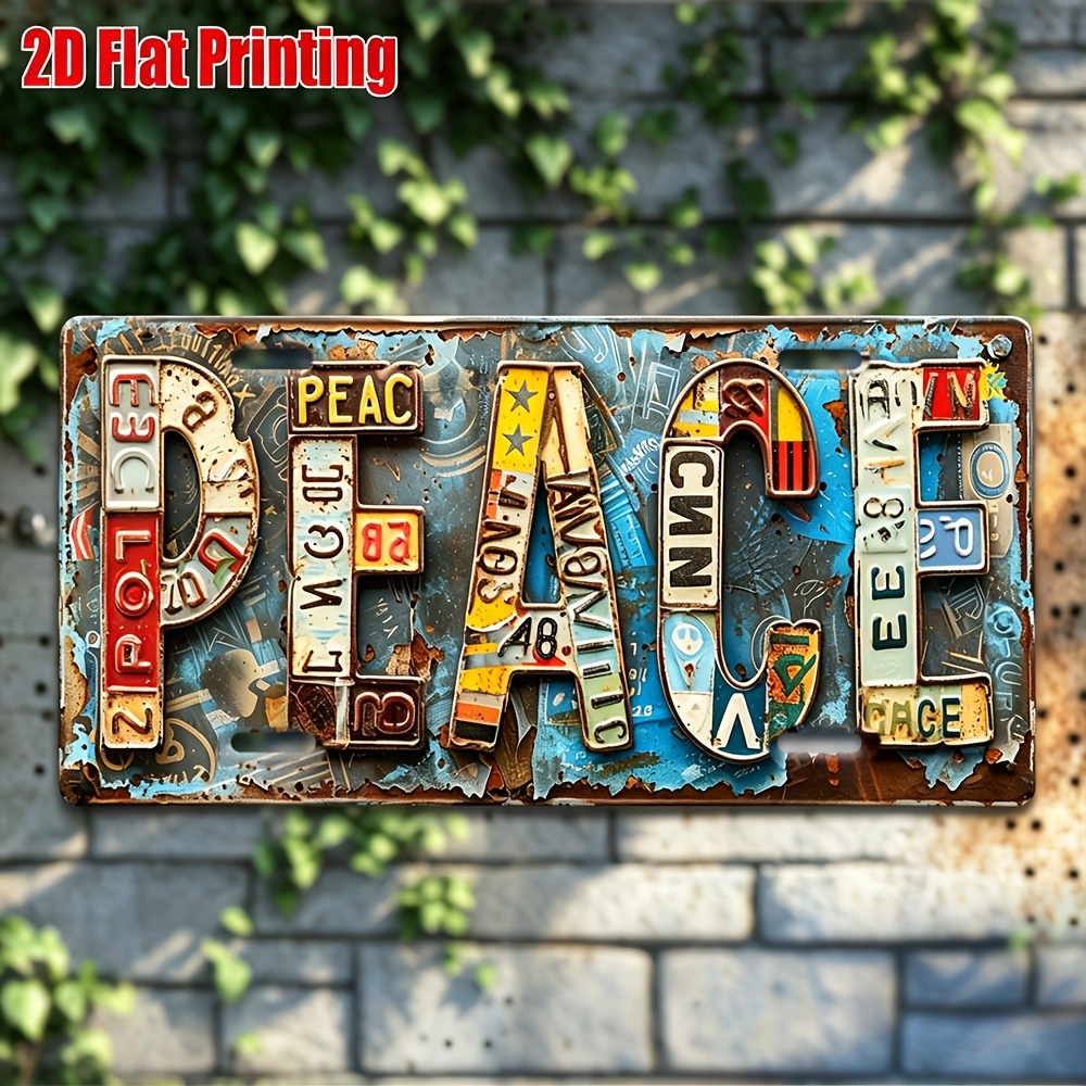 TEMU 2d Flat, [], 2d Flat Prinaluminumg, 1pc, Vintage Metal Sign, For Decorationg , Outdoor Wall Art (29.97cm * 14.99cm), "peace" Colorful Letter