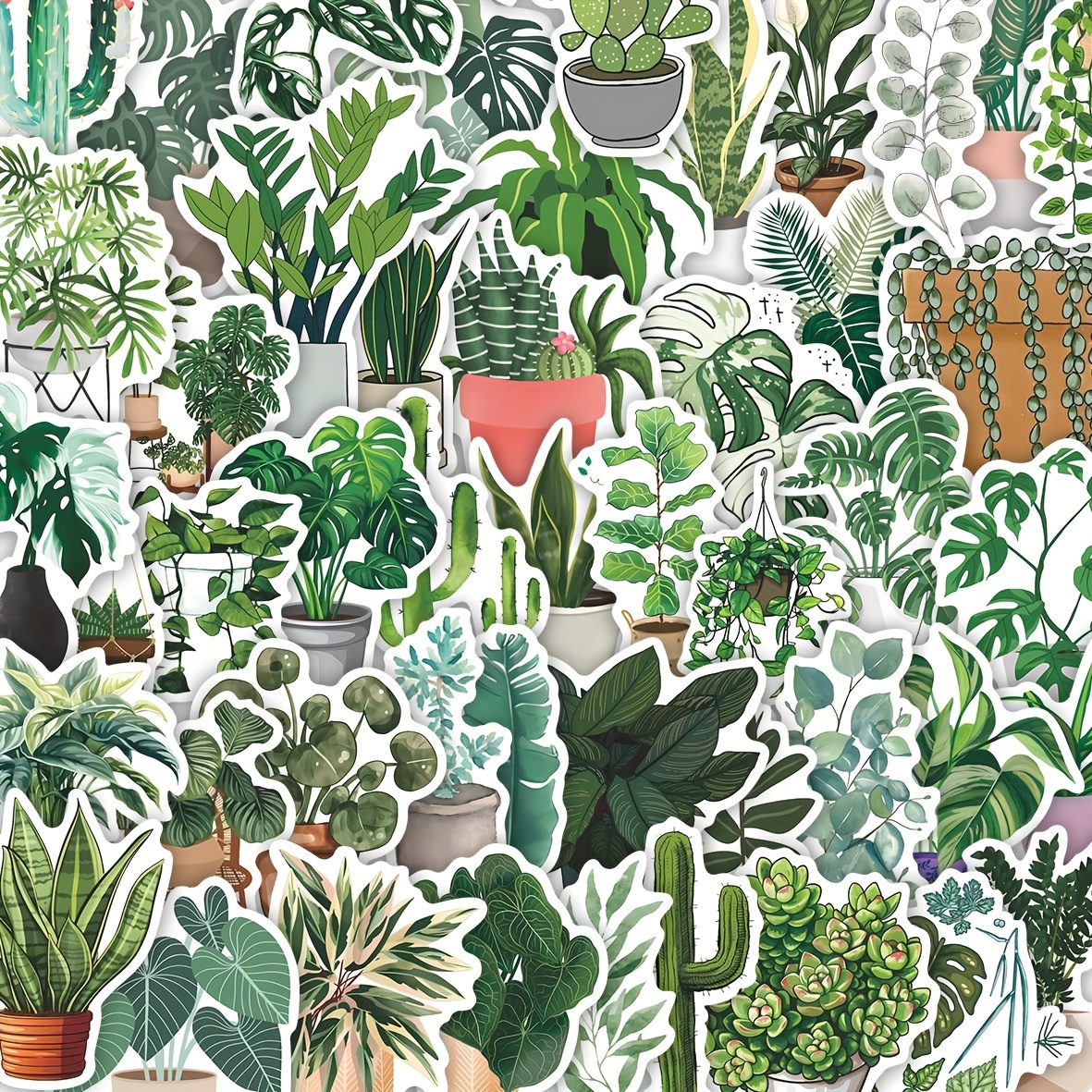 Image of 50pcs Botanical Aesthetic Stickers Pack - Waterproof Decals With Monstera, Cactus & Potted Plant Patterns, Vibrant Colors, Green Leaf & Plant Designs For Laptop, Journal, , Water Bottle