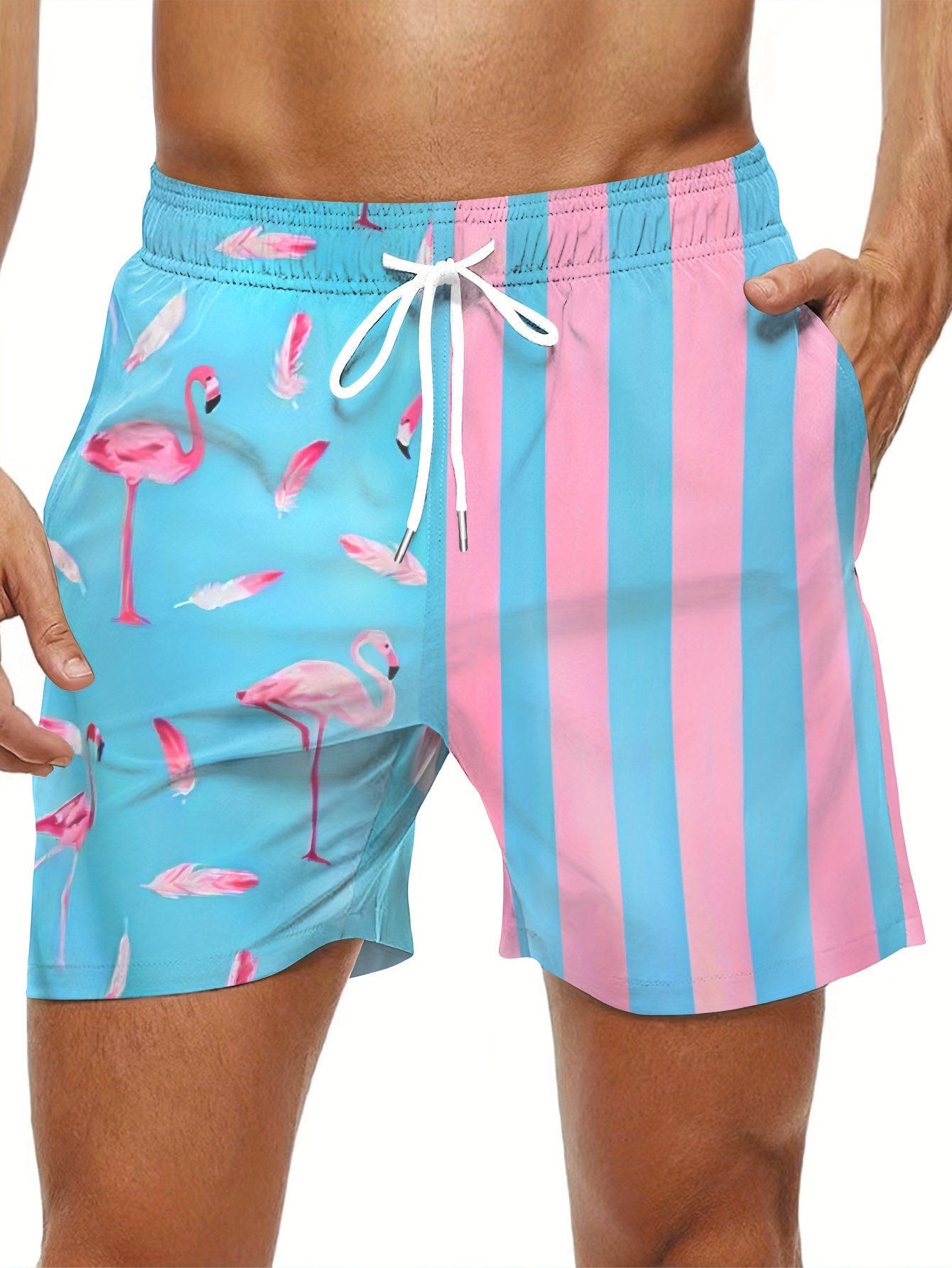 Men's Flamingo And Feather Print And Striped Board Shorts With Drawstring And Pockets Summer Fashion For Beach And Outdoors Leis