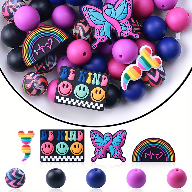 

54pcs Rainbow Butterfly Colorful Silicone Beads Set For Jewelry Making Assorted Sizes & Shapes Diy Bracelets, Keychains, Decorations Creative Craft Supplies