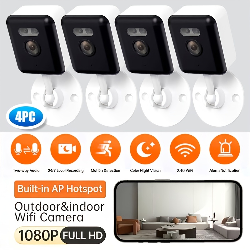 Image of 4pcs 1080p Hd Security Camera With Night Vision, 2.4g Wifi, Audio, Motion Detection, Built-in Ap Hotspot, Usb Powered, Indoor/outdoor Use For , Pet & Elderly Care, 24/7 Recording, 2-way Alerts
