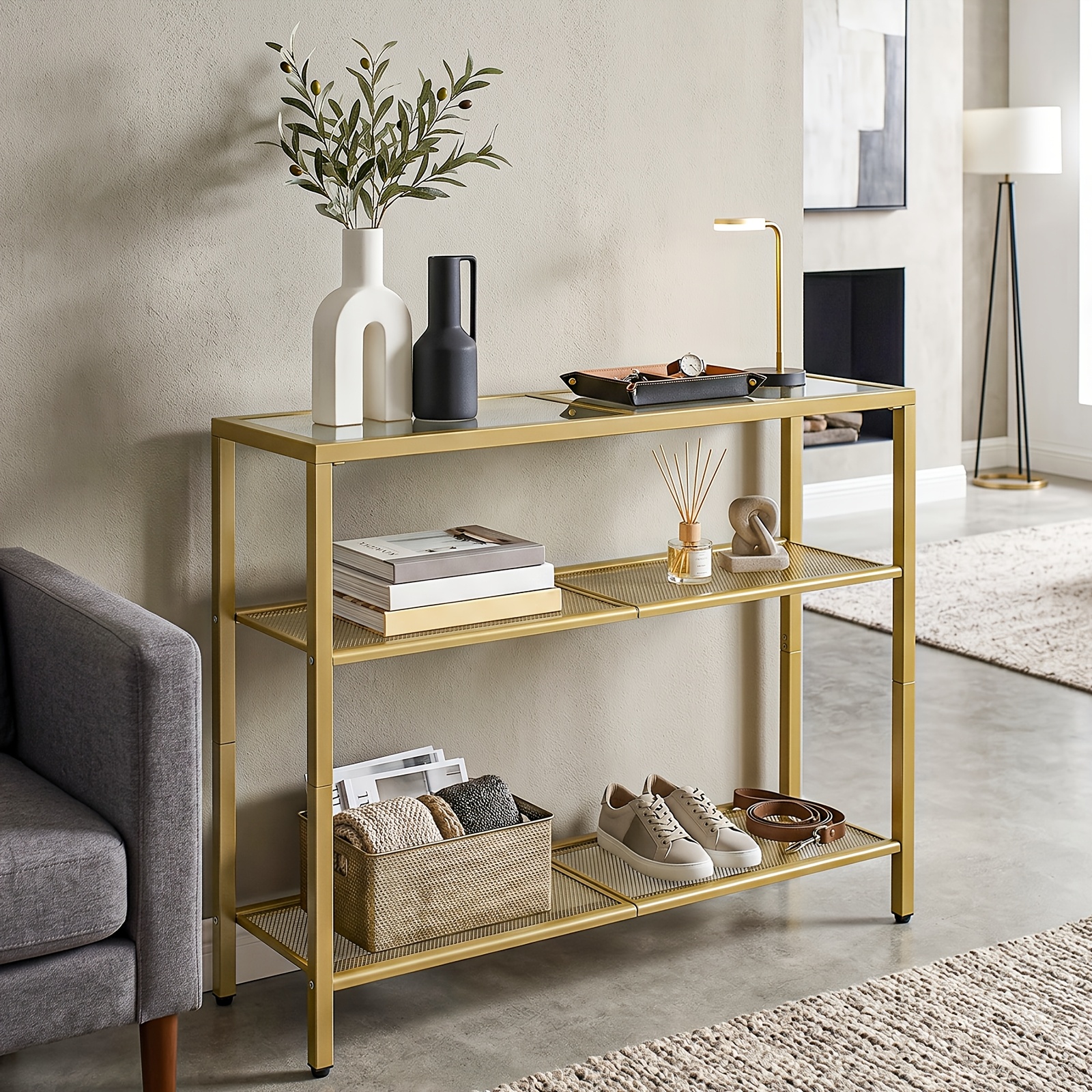 Image of Console Table, 75cm Entryway Table, Tempered Glass Sofa Side Table, Style, For Entrance, Living Room, Foyer, Hallway, Bedroom, Golden
