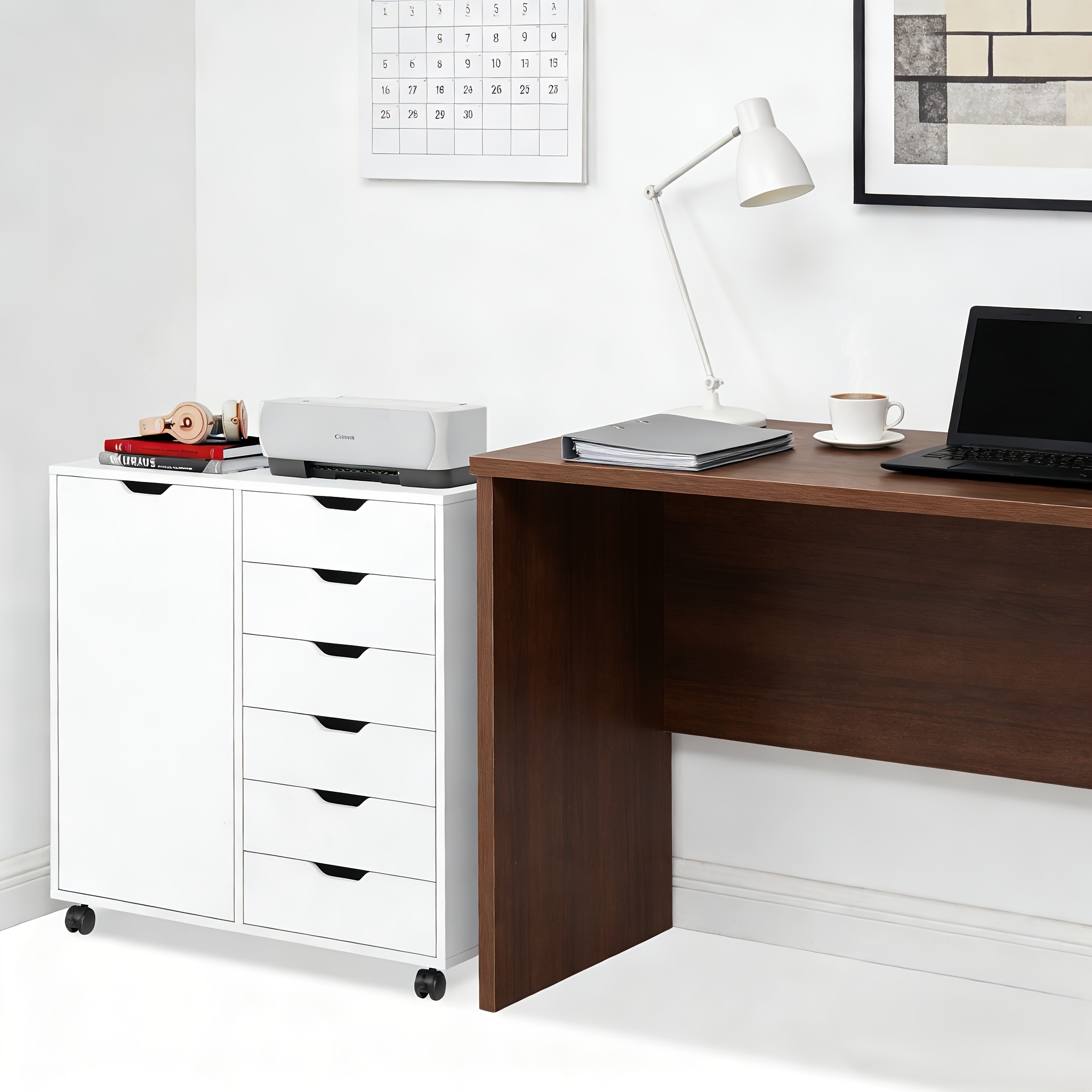TEMU 5-drawer Wood File Cabinet With Wheels - Mobile Printer Stand With Adjustable Shelf And Storage Organizer For Home Office