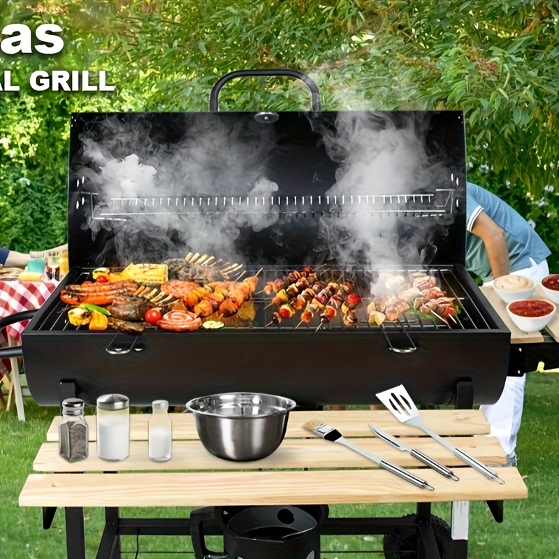 Charcoal Grill Cart With Lid, Premium Charcoal Grill Cart, Mobile, Includes Thermometer, Warming Rack, Wood Shelves, Charcoal Grill, Barbecue Grill, Wood Grill