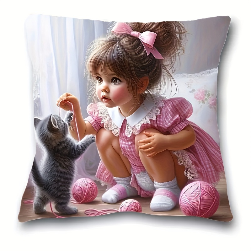 TEMU 1pc Of French Little Girl And Kitten Plush Pillowcase 17.7 Inches X 17.7 Inches - Anti-allergic Polyester Fabric, Zipper Closed, Machine