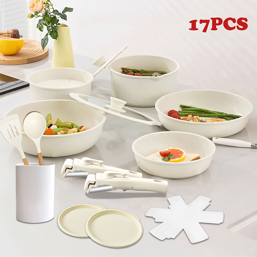 17pcs Cookware Set, Cookware Set, Kitchen Cookware Set With Detachable Handle, Induction Cookware Set, Stackable Rv Cookware, Suitable For Stoves, Beige
