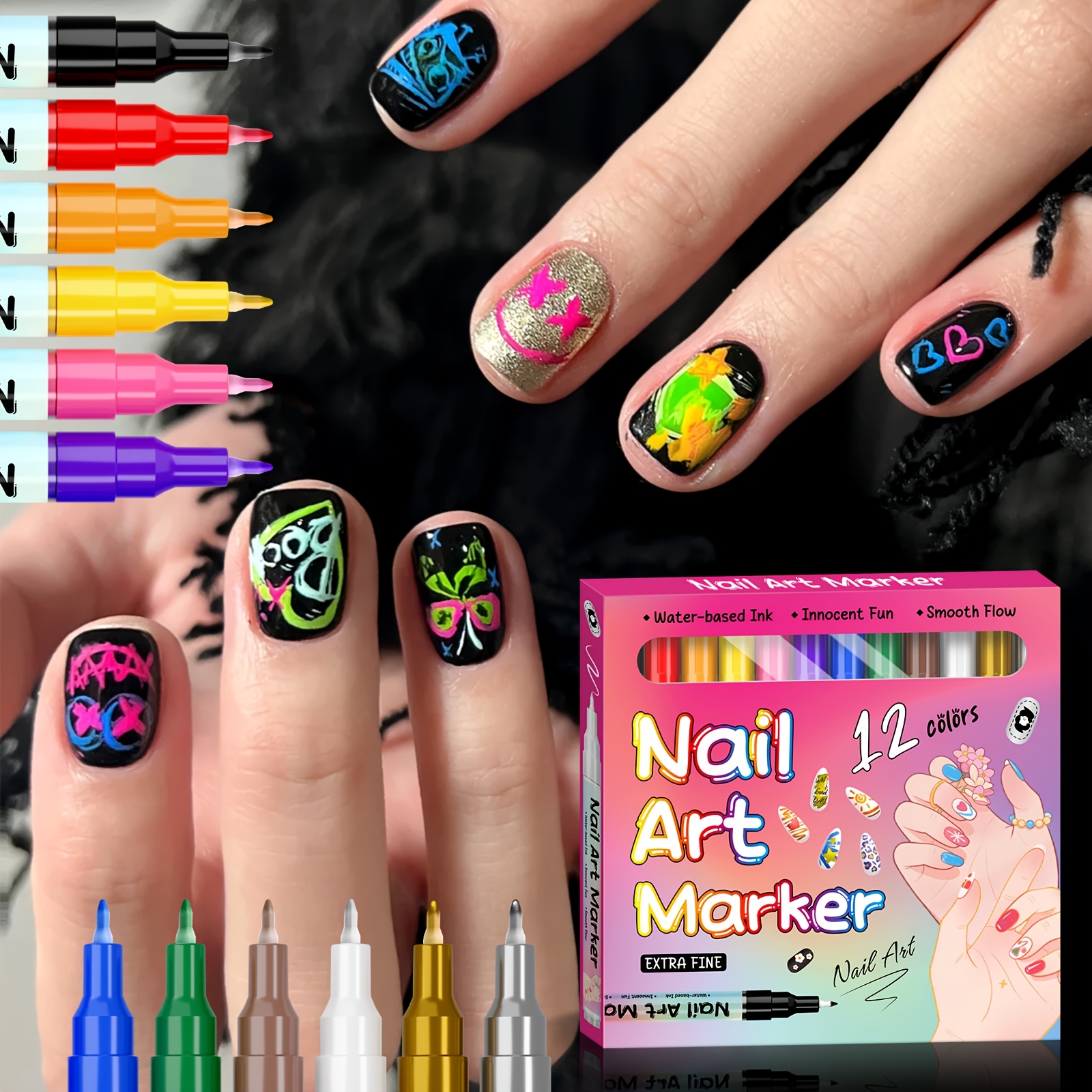12 color 0 7mm 3d nail art pen 24 nail stencil set quick - Temu Canada