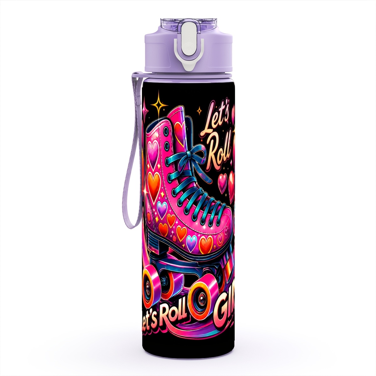 TEMU 1pc Plastic Water Bottle, Heart Skates And Neon Text Combination-themed Printing, Travel, Camping & Picnic Must-have, 25oz/750ml - Ideal , Easy