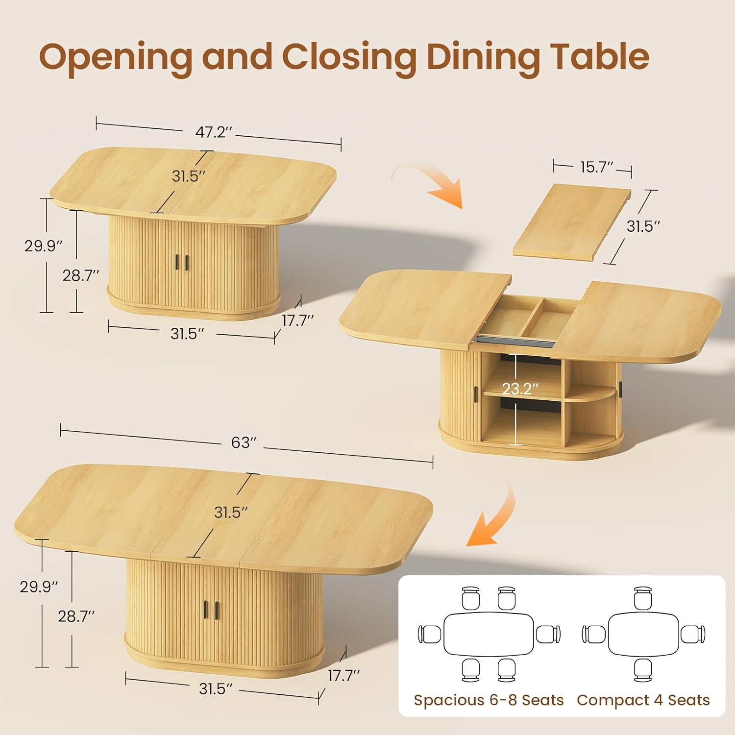 47''-63'' Extendable Dining Table Suitable for 4-8 People, Expandable Modern Fluted Kitchen Table with 2-Tier Storage Shelf, Space-Saving Folding Table for Small Apartments, Folding Mechanism & Natural Wood, Assembly Required